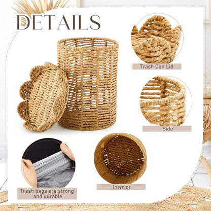 Ctosree 1.3 Gallons Small Wicker Trash Can with Lid Handle Woven Wicker Rattan Bathroom Waste Basket Boho Trash Basket with 100 Plastic Garbage Bags for Bedroom Laundry (Scalloped Style, Natural) - color: Natural, size: 1.3 Gallons, style: Scalloped Style