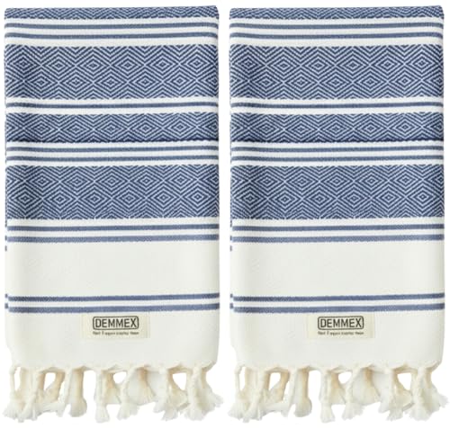 DEMMEX Organic Turkish Hand Towels for Bathroom – 100% Oeko-TEX Certified Turkish Cotton, Quick Dry, Lightweight Kitchen & Travel Towels, Diamond Weave, Large 18x36 Inches, Set of 2, Navy Blue - color: Navy