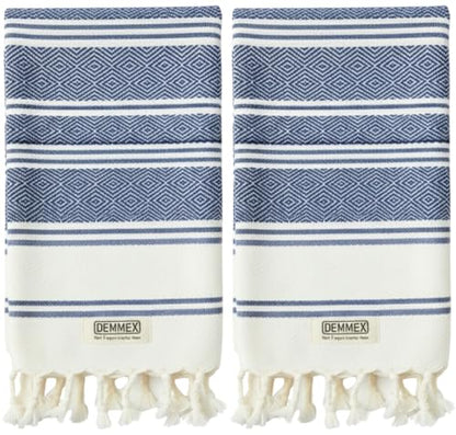 DEMMEX Organic Turkish Hand Towels for Bathroom – 100% Oeko-TEX Certified Turkish Cotton, Quick Dry, Lightweight Kitchen & Travel Towels, Diamond Weave, Large 18x36 Inches, Set of 2, Navy Blue - color: Navy