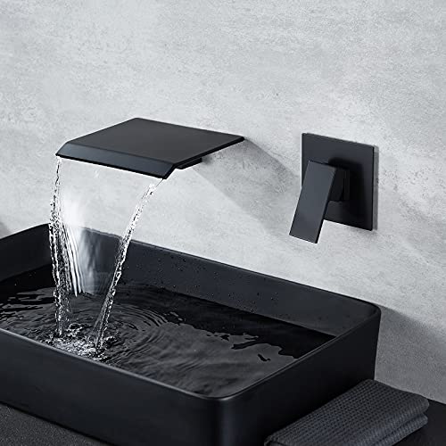 DASAN Wall Mount Waterfall Bathroom Faucet Matte Black in Wall Sink Faucet, Single Handle Wall Mounted Modern Faucet for Bathroom with Upgraded Rough in Valve - color: Matte Black