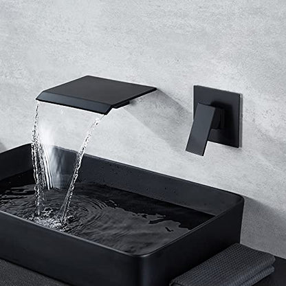 DASAN Wall Mount Waterfall Bathroom Faucet Matte Black in Wall Sink Faucet, Single Handle Wall Mounted Modern Faucet for Bathroom with Upgraded Rough in Valve - color: Matte Black