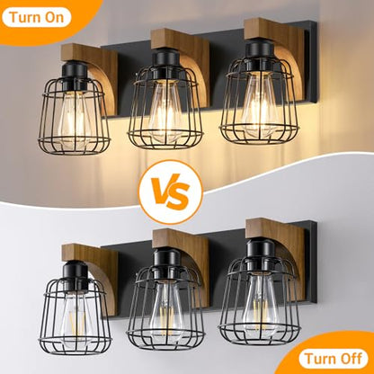 Dpyrrhic 3-Light Bathroom Light Fixtures, Wood Bathroom Wall Lights, Modern Bathroom Vanity Light with Cage Metal Shade, Bathroom Wall Lamp for Mirror Kitchen Bedroom Living Room