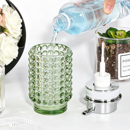 Glass Foaming Soap Dispenser, Green Foam Hand Soap Dispenser, Bathroom 12 Oz Large Bottle with Silver Pump, Refillable Lotion Pump Container for Bathroom, Kitchen,Hand Soap, Dish Soap, Shampoo - color: Green and Silver