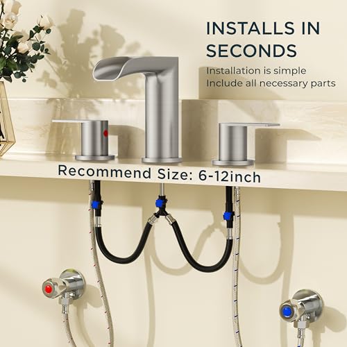 FORIOUS Bathroom Faucet 3 Hole Widespread Sink 8 Inch Brushed Nickel | 3-hole 6-12 Inch Widespread Sink, Waterfall Faucets, with Drain and Hoses,for Vanity Rv Commercial Lavatory Restroom Basin - color: Stainless Steel