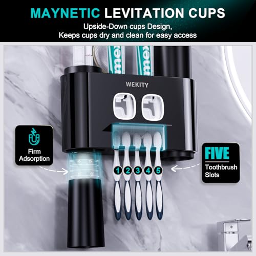 Toothbrush Holder,Multi-Functional Wall Mounted Toothbrush Holder,Toothpaste Dispenser for Bathroom with 2 Toothpaste Squeezers,5 Toothbrush Slots and 4 Cups(Black) - color: Black