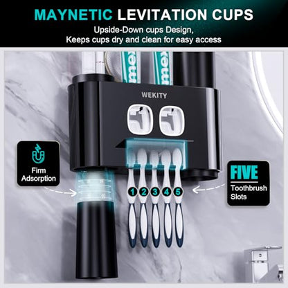 Toothbrush Holder,Multi-Functional Wall Mounted Toothbrush Holder,Toothpaste Dispenser for Bathroom with 2 Toothpaste Squeezers,5 Toothbrush Slots and 4 Cups(Black) - color: Black