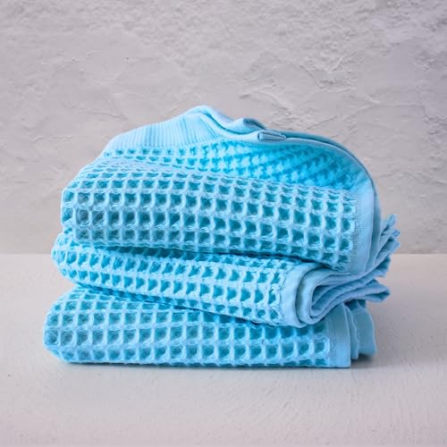PÜSKÜL - Set of 3 Organic Waffle Hand Towel Turquoise - Premium Quality, 100% Turkish Cotton, Soft, Quick-Dry, Absorbent, Lint-Free Face Kitchen Hand Towels (Turquoise, Hand Towels - Pack of 3) - color: Turquoise, size: Hand Towels - Pack of 3