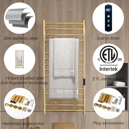Gold Wall Mounted Heated Towel Rack,Gold Towel Warmers Rack for Bathroom, Timer & Temperature Control Electric Towel Drying Rack (14 Bars Brushed Gold A, Plug-in) - color: 14 Bars Brushed Gold a, size: Plug-in