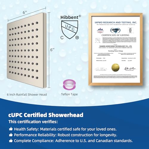 Hibbent cUPC Certified Thickness Metal 6'' Rain Shower Head, Brushed Nickel | High Pressure Shower Head, Bathroom Waterfall Shower Heads, High Flow Fixed Showerheads with Adjustable Brass Ball Joint - color: Brushed Nickel, style: Square 6''