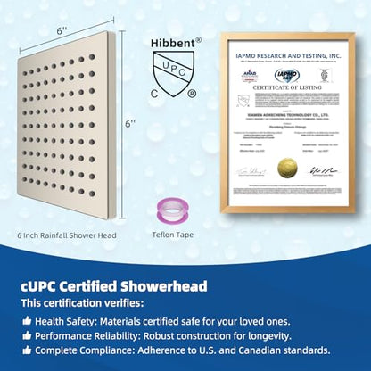 Hibbent cUPC Certified Thickness Metal 6'' Rain Shower Head, Brushed Nickel | High Pressure Shower Head, Bathroom Waterfall Shower Heads, High Flow Fixed Showerheads with Adjustable Brass Ball Joint - color: Brushed Nickel, style: Square 6''