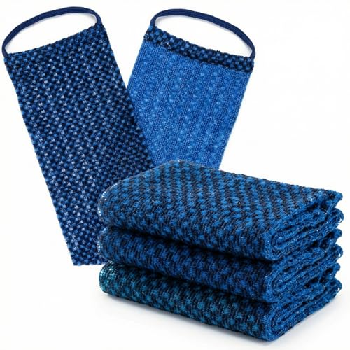 Chumia 3 Pcs Japanese Exfoliating Washcloth Towel with Handle Dual-Textured Back Scrubber for Shower Gentle Exfoliation Deep Cleanse Exfoliate Loofah Luffa Sponge Exfoliator for Women Men Bath Shower - color: Blue