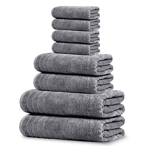 8 Piece Towel Set, 2 XL Bath, 2 Hand, 4 Washcloth, Dark Grey | 100% Cotton, Lighter Weight, Quicker to Dry, Super Absorbent, Perfect for Bathroom - color: Dark Grey