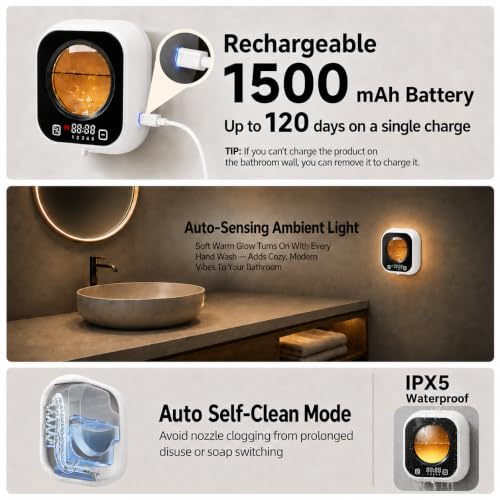 Automatic Soap Dispenser Touchless, Wall Mount, Rechargeable, Mood Lighting | 5 Adjustable Foam Levels, IPX5 Waterproof, LED Clock, 320ML, Hand & Dish Soap for Bathroom Kitchen, White - color: Foam White