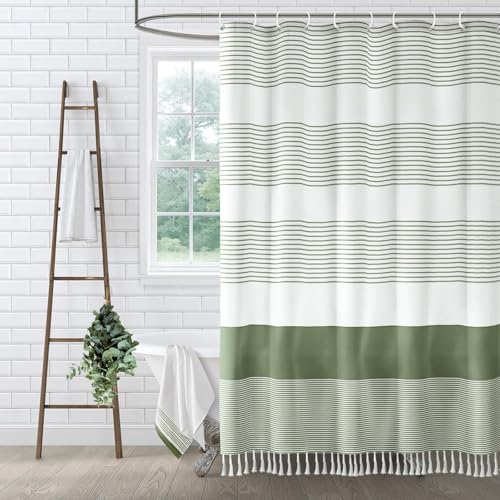 Sage Green Boho Cotton Striped Shower Curtain with Tassel 60"W X 72"L | Boho Farmhouse Shower Curtains for Bathroom with Soft Cotton Feel - color: Sage Green, size: 60"W x 72"L