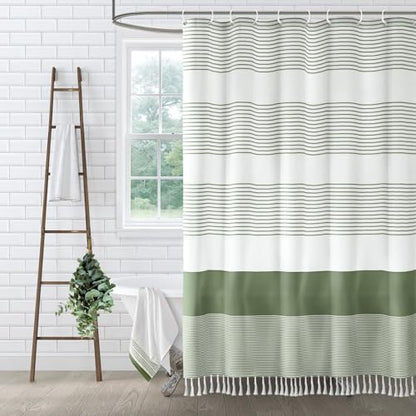 Sage Green Boho Cotton Striped Shower Curtain with Tassel 72"W X 72"L | Boho Farmhouse Shower Curtains for Bathroom with Soft Cotton Feel - color: Sage Green, size: 72"W x 72"L