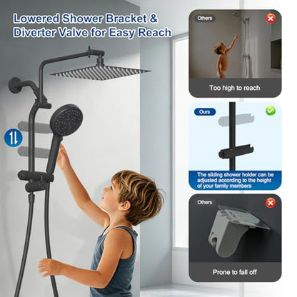Metal 12" Rain Showerhead with 10-Spray Handheld, Easy Reach 4-way Diverter | Matte Black Finish, Upgraded High Pressure Shower Head with Pause Mode, 71" Stainless Steel Hose/12" Extension Arm - color: Matte Black, style: Square 12"