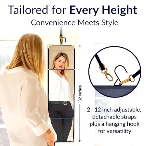 Real Glass Foldable Full-Length Travel Mirror, Portable, Folds 9x8in | Opens to 32in, Crystal-clear, No warping, Vegan-leather, Hook + strap, Hotels, Dorms, RVs, Camping, Small spaces, Gift box