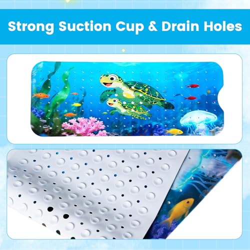 Kids Bathtub Mat Non Slip, 40 * 16in, Bath Mat for Tub, Turtle Design | Anti-Slip, machine washable, Eco Friendly, Funny Design, - color: Dark Blue