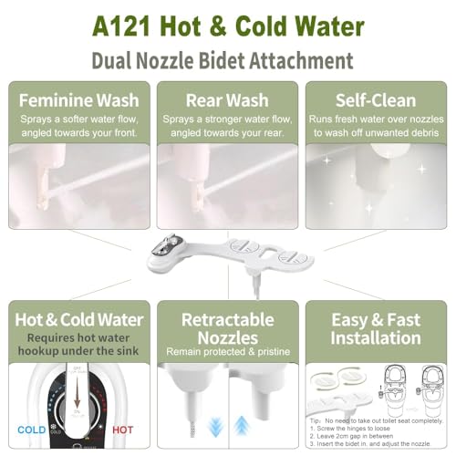 APURE BIDET A121 - Hot and Cold Water Bidet Attachment for Toilet Seat - Dual nozzle - Rear and Feminine Wash- Selfcleaning- Adjustable Water Pressure Non-Electric Bidet Toilet Seat Attachment