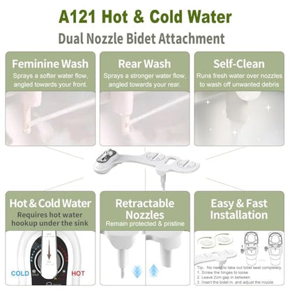 APURE BIDET A121 - Hot and Cold Water Bidet Attachment for Toilet Seat - Dual nozzle - Rear and Feminine Wash- Selfcleaning- Adjustable Water Pressure Non-Electric Bidet Toilet Seat Attachment