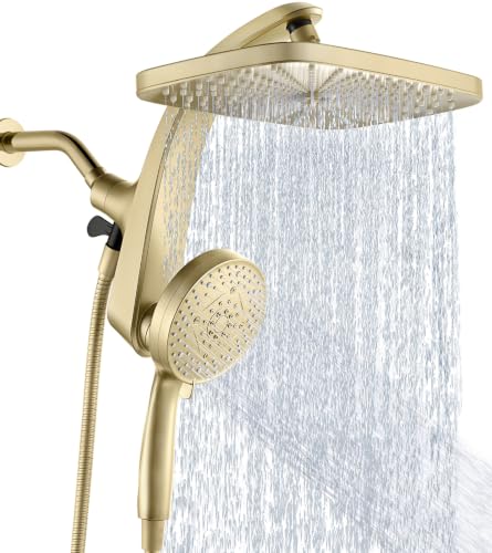 12" High Pressue Rain Shower Head with Handheld, 9 Sprays Hand Showerhead | Shower Heads with Handheld Spray Combo, Dual Head, Built-in Magnetic Docking, Power Jets, 59" Shower Hose, Gold 1.75GPM - color: Gold
