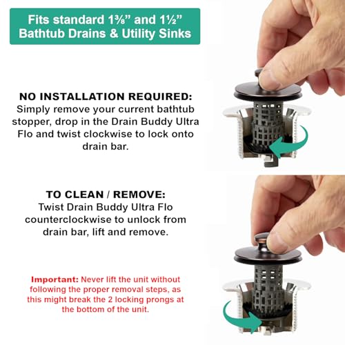 Drain Buddy Ultra Flo No Installation 2 in 1 Clog Preventing Tub Drain Stopper and Hair Catcher for 1 3/8" to 1.5" Bathtubs and Utility Sinks Oil Rubbed Bronze Metal Cap - color: Oil Rubbed Bronze