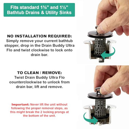 Drain Buddy Ultra Flo No Installation 2 in 1 Clog Preventing Tub Drain Stopper and Hair Catcher for 1 3/8" to 1.5" Bathtubs and Utility Sinks Oil Rubbed Bronze Metal Cap - color: Oil Rubbed Bronze