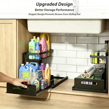 Upgraded Under Sink Organizer, 2 Tier Pull Out Kitchen Cabinet Organizer Metal Slide Out Bathroom Organizers and Storage Makeup Drawer Organizer for Office Bedroom Restroom Livingroom, 1 Pack