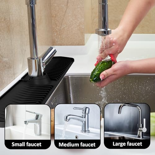 Extra Long Silicone Faucet Mat, 76cm Double-Sided Drain Pad for Kitchen Sink & Bathroom, Flexible Splash Guard with Center Hole, Non-Slip, Easy to Clean, Fits Most Faucets (Black) - color: Black
