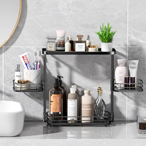 VITVITI 3 Tier Bathroom Organizer Countertop, Counter Storage Shelf, Black | Metal Wire Bathroom Vanity Mesh Bath Room Sink Kitchen Rack with 360 Rotating Basket - color: 3 Tier Rotating Black