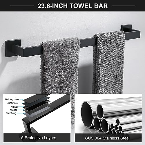 TQKAG 6-Piece Towel Bar Set, 23.6 Inch Bathroom Hardware Set, Matte Black | Stainless Steel, Wall Mounted, Black Bathroom Accessories Include Toilet Paper Holder Wall, Towel Bar, Towel Ring, Coat Hook - color: Matte Black, size: 6-Pieces Set-A