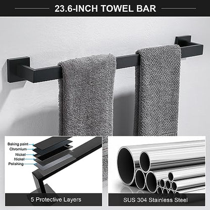 TQKAG 6-Piece Towel Bar Set, 23.6 Inch Bathroom Hardware Set, Matte Black | Stainless Steel, Wall Mounted, Black Bathroom Accessories Include Toilet Paper Holder Wall, Towel Bar, Towel Ring, Coat Hook - color: Matte Black, size: 6-Pieces Set-A