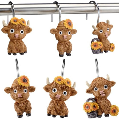 Roowest 12 Pcs Highland Cow Shower Curtain Hooks Sunflower Farmhouse | Cute Cow Ring Design, Stainless Steel Rust Resistant, Western Farmhouse Bathroom Decor, Fits Standard Curtain Rods - style: Sunflower Highland Cow