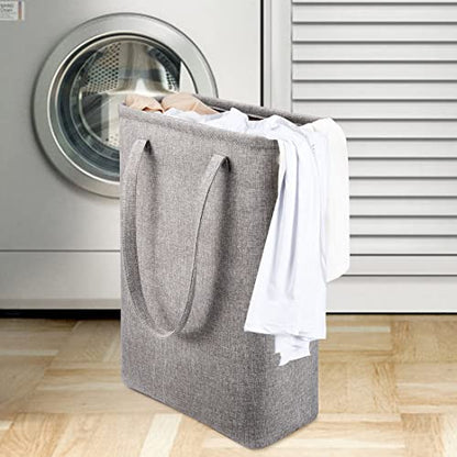 Laundry Basket with Handles Grey Coffee-Slim Laundry Bin Collapsible Dirty Clothes Basket Narrow Laundry Bag Foldable Dirty Hamper for Camping, Dorms, Apartments - color: Grey
