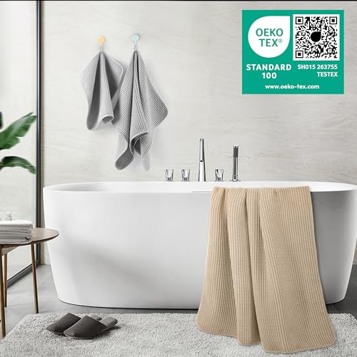 POLYTE 430 GSM Poly Blend Microfiber Quick Dry Waffle Bath Towel Set of 6 | 2-Body Towels, 2-Hand Towels, 2-Wash cloths, Oversize, Lint Free - color: Beige,light Gray