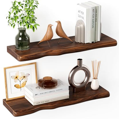 Solid Wood Live Edge Floating Shelves Set of 2 – 24" Rustic Wall Shelf with Hidden Bracket System, Wall Mounted Shelves for Bathroom, Kitchen, Living Room, Bedroom (Walnut) - color: Walnut, size: 24inch