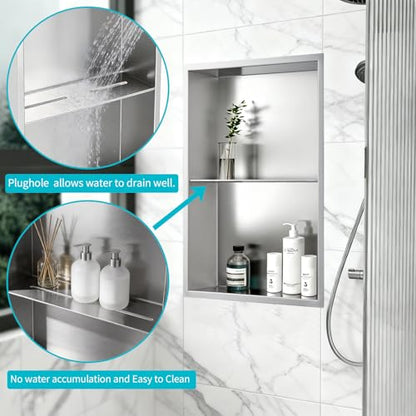 14x20 Inch Brushed Nickel Shower Niche, No Tile Needed Stainless Steel Recessed Bathroom Wall Niche with Double Shelves for Shower Storage - size: 14x20" - Brushed Nickel