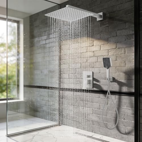 Shower System Modern Rain Brass Faucet Set With Valve and Diverter Shower Mixer With Handheld High Pressure Square Rainfall Shower Valve (12'' Wall Mount, Brushed Nickel) - color: Brushed Nickel, style: 12'' Wall Mount
