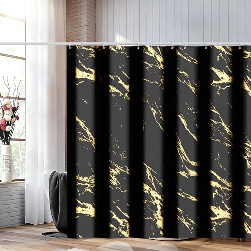Black and Gold Shower Curtain, Black Marble Shower Curtain, Modern Fabric Shower Curtains for Bathroom, Black and Gold Texture Shower Curtain Set with Hooks 72x72 - color: Black, size: 72"W x 72"L (Pack of 1)