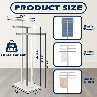 Standing Towel Rack with Marble Base, 3-Tier Free Standing Towel Racks for Bathroom, 40" Height Floor Towel Stand Holder for Bathroom, White - color: White