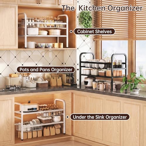 2 Tier Under Sink Organizer Expandable Length/Height Adjustable Heavy | removable panels & baskets, 150% capacity boost, 50lb steel, anti-wobble feet, fits kitchen/bath/laundry, easy set up