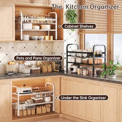 2 Tier Under Sink Organizer Expandable Length/Height Adjustable Heavy | removable panels & baskets, 150% capacity boost, 50lb steel, anti-wobble feet, fits kitchen/bath/laundry, easy set up