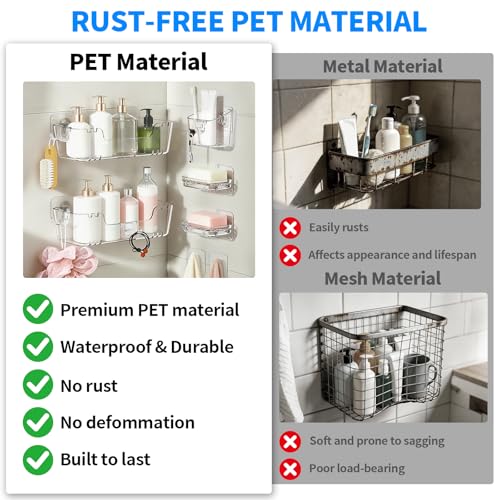 CGBE 5-Pack Adhesive Shower Caddy Set, No-Drill Bathroom Shelves | Rustproof Clear PET Wall Shelf with Open-Bottom Drainage, Hooks & Extra Adhesive Pads for Tile, Glass and Metal Surfaces