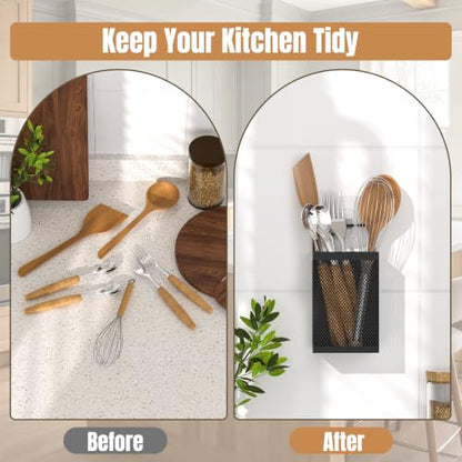DTUQYX Wall-Mounted Kitchen Utensil Holder - No Drilling Self-adhesive Organizer Basket Countertop Silverware Caddy, Dual Use Mesh Storage for Spoons, Forks, Cooking Tools Bathroom & Makeup, Black