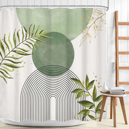 Sage Green Boho Abstract Bohemian Leaves Olive Bathroom Shower Curtain Set | Dark Botanical look; 72"W x 72"L. waterproof HD print, quick-dry fabric and free hooks for easy setup. - color: A-02sage Green, size: 72"W x 72"L (Pack of 1)