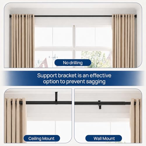 ALLZONE Tension Curtain Rod for Windows, 123 to 160 Inch, Heavy Duty Extra Long Curtain Rods, Non-Slip Bathroom Shower Tension Rod, Renter Friendly, Adjustable, Spring Loaded, Black - color: Black, size: 123-160 Inches