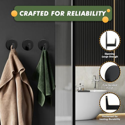 Auxmir Adhesive Towel Hooks, 5 Pack Heavy Duty Wall Hooks 15lb Max, No Drilling Hooks for Bathroom Shower Kitchen, Waterproof Rustproof Stainless Steel Hooks for Towels, Robes, Coats, Black-Round | 15 lb max capacity, heavy-duty no-drill wall hooks, water