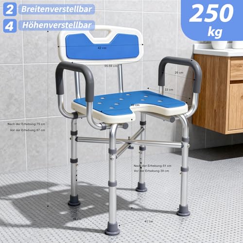 U 2-Level Width Adjustable Heavy Duty Shower Chair for Inside Shower and Tub w/Reinforced X-Bar, 550lbs Shower Seat for Bathtub w/Arms and Back for Seniors, Handicap, Bariatric, Elderly and Disabled - size: Extra Wide-U Shape