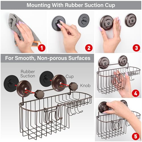 HASKO 2 Pack Shower Caddy Suction Cup with Hooks & Soap holder, Includes 2 Soap Savers, Shower Shelf, Bathroom Storage Organizer, Rustproof Shampoo Holder, Bronze - color: Bronze (2 Pack)