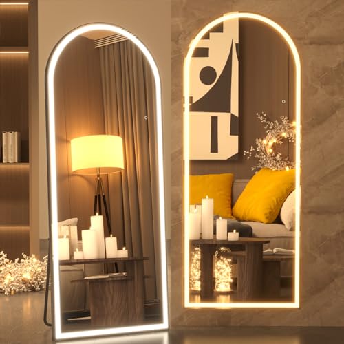 pertetey 81 x 34 in Arched LED Full Length Mirror, Black Frame, Dimmable | Arched Design, Dimmable LED Lighting, 3 Color Modes, Black Frame - size: 81"L x 34"W